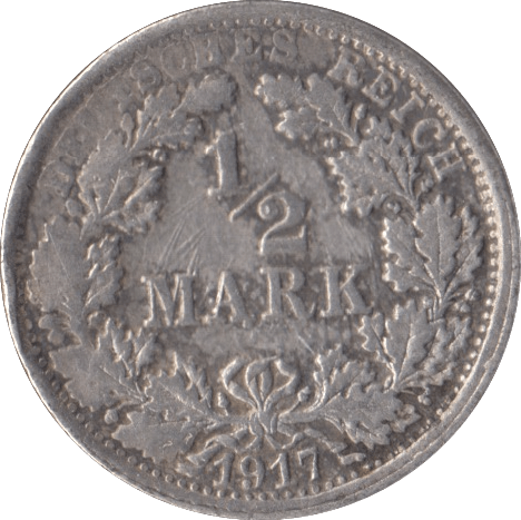 1917 SILVER 1/2 MARK GERMANY - SILVER WORLD COINS - Cambridgeshire Coins