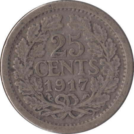 1917 SILVER 25 CENTS NETHERLANDS - SILVER WORLD COINS - Cambridgeshire Coins