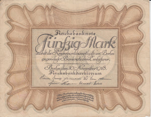 1918 50 MARK GERMAN INFLATION BANKNOTE BERLIN GERMANY REF 759 - World Banknotes - Cambridgeshire Coins