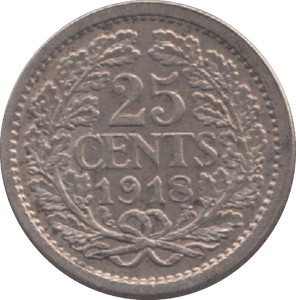 1918 NETHERLANDS 25 CENTS - WORLD COINS - Cambridgeshire Coins