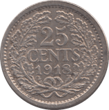1918 NETHERLANDS 25 CENTS - WORLD COINS - Cambridgeshire Coins
