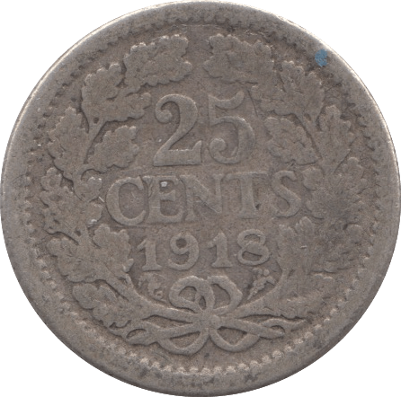 1918 SILVER 25 CENTS NETHERLANDS - SILVER WORLD COINS - Cambridgeshire Coins