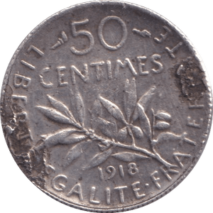 1918 SILVER 50 CENT FRANCE - SILVER WORLD COINS - Cambridgeshire Coins