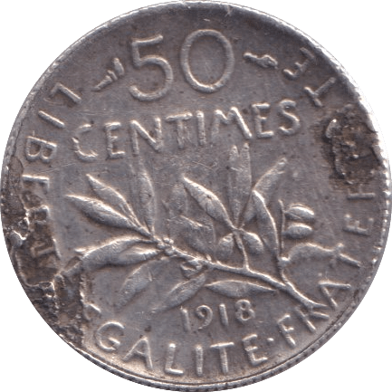 1918 SILVER 50 CENT FRANCE - SILVER WORLD COINS - Cambridgeshire Coins