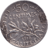 1918 SILVER 50 CENT FRANCE - SILVER WORLD COINS - Cambridgeshire Coins