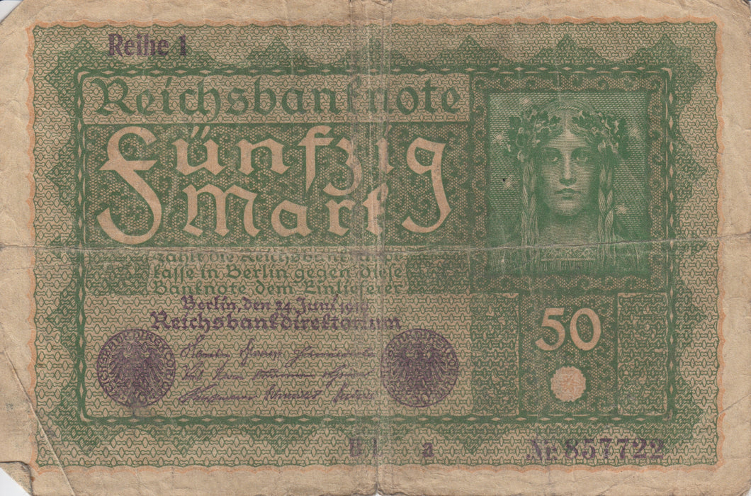 1919 50 REICHSMARK GERMAN BANKNOTE REF 221 - World Banknotes - Cambridgeshire Coins