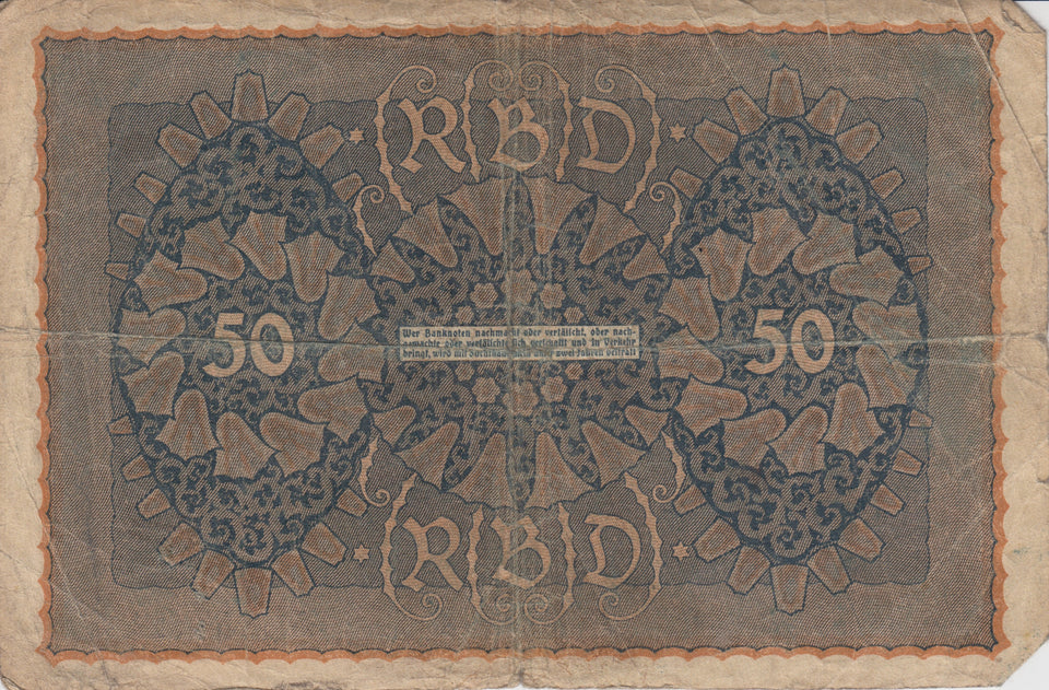 1919 50 REICHSMARK GERMAN BANKNOTE REF 221 - World Banknotes - Cambridgeshire Coins