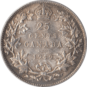 1919 CANADA SILVER 25 CENTS - SILVER WORLD COINS - Cambridgeshire Coins
