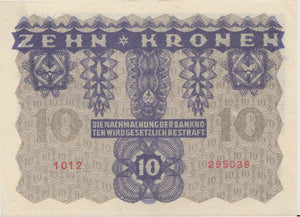 1922 10 KRONE BANKNOTE AUSTRIA REF 520 - World Banknotes - Cambridgeshire Coins