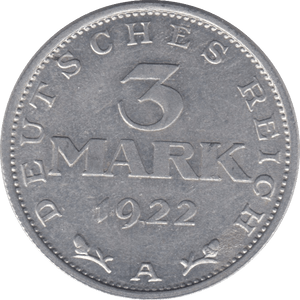 1922 3 MARK GERMANY - WORLD COINS - Cambridgeshire Coins