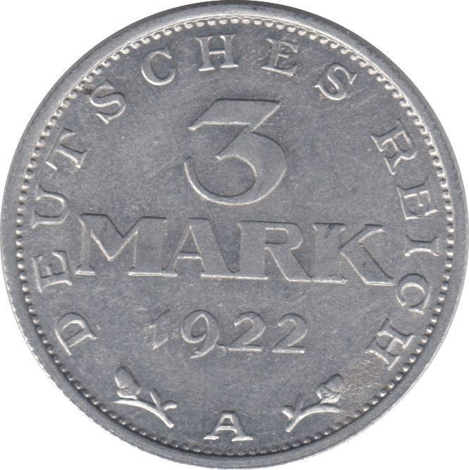 1922 3 MARK GERMANY - WORLD COINS - Cambridgeshire Coins