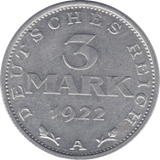 1922 3 MARK GERMANY - WORLD COINS - Cambridgeshire Coins