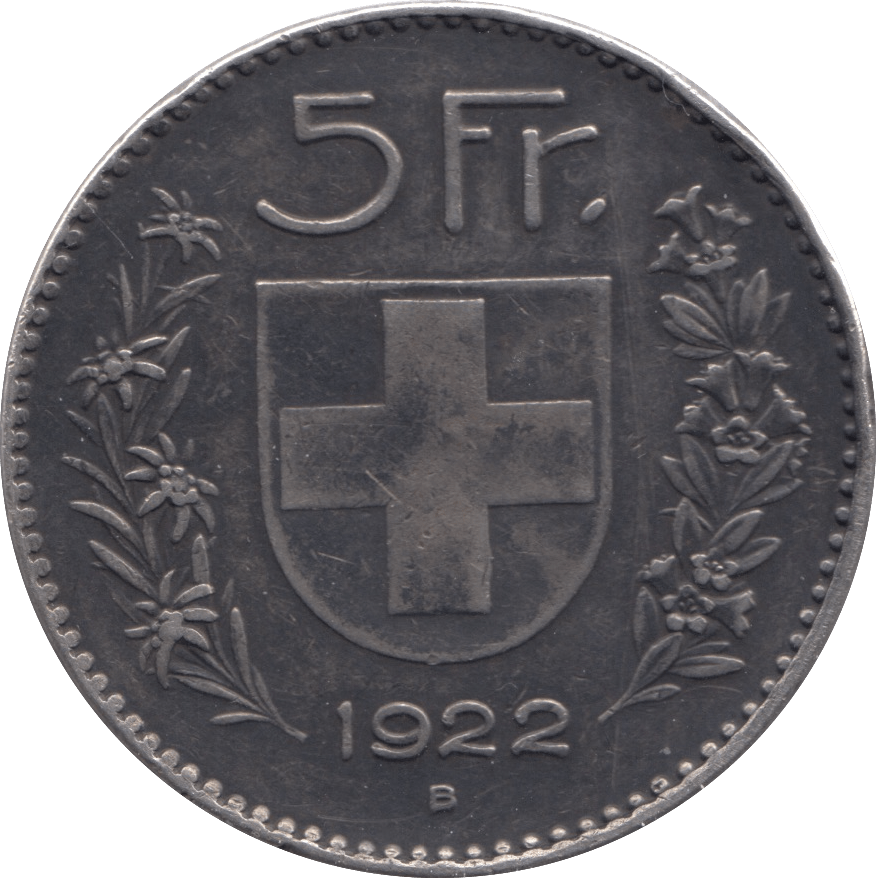 1922 5 SILVER SWISS FRANCS - SILVER WORLD COINS - Cambridgeshire Coins