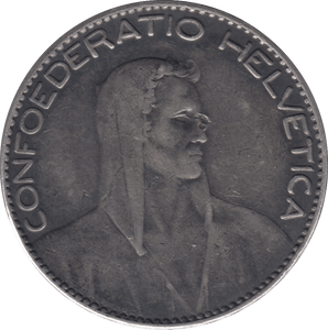 1922 5 SILVER SWISS FRANCS - SILVER WORLD COINS - Cambridgeshire Coins