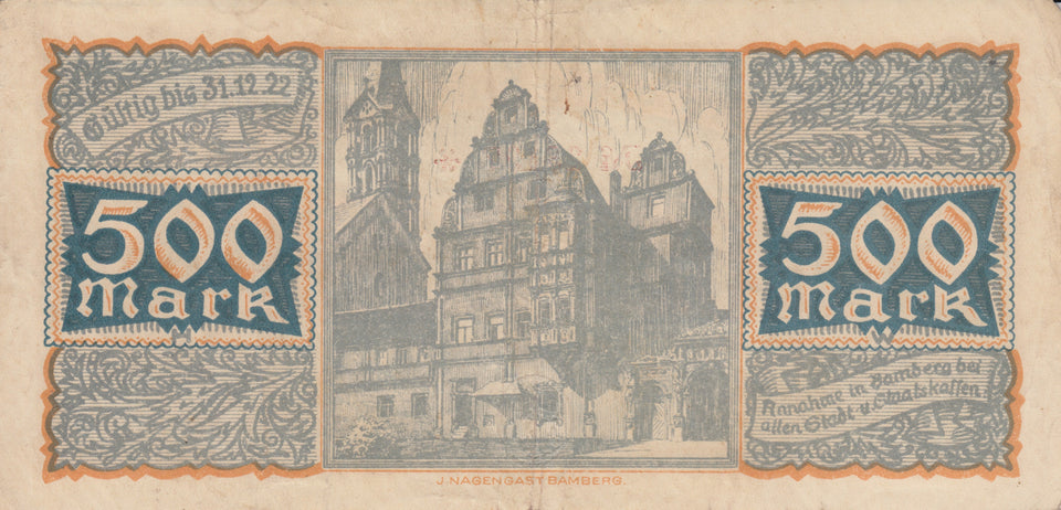 1922 500 MARK GERMAN INFLATION BANKNOTE CITY OF BAMBERG GERMANY REF 758 - World Banknotes - Cambridgeshire Coins
