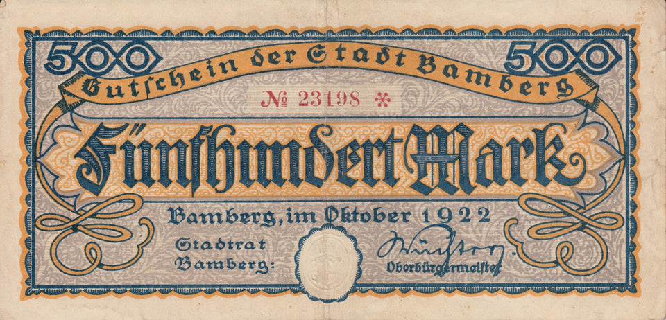 1922 500 MARK GERMAN INFLATION BANKNOTE CITY OF BAMBERG GERMANY REF 758 - World Banknotes - Cambridgeshire Coins