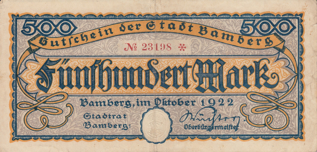 1922 500 MARK GERMAN INFLATION BANKNOTE CITY OF BAMBERG GERMANY REF 758 - World Banknotes - Cambridgeshire Coins