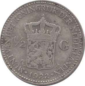 1922 SILVER HALF GUILDER NETHERLANDS - WORLD SILVER COINS - Cambridgeshire Coins