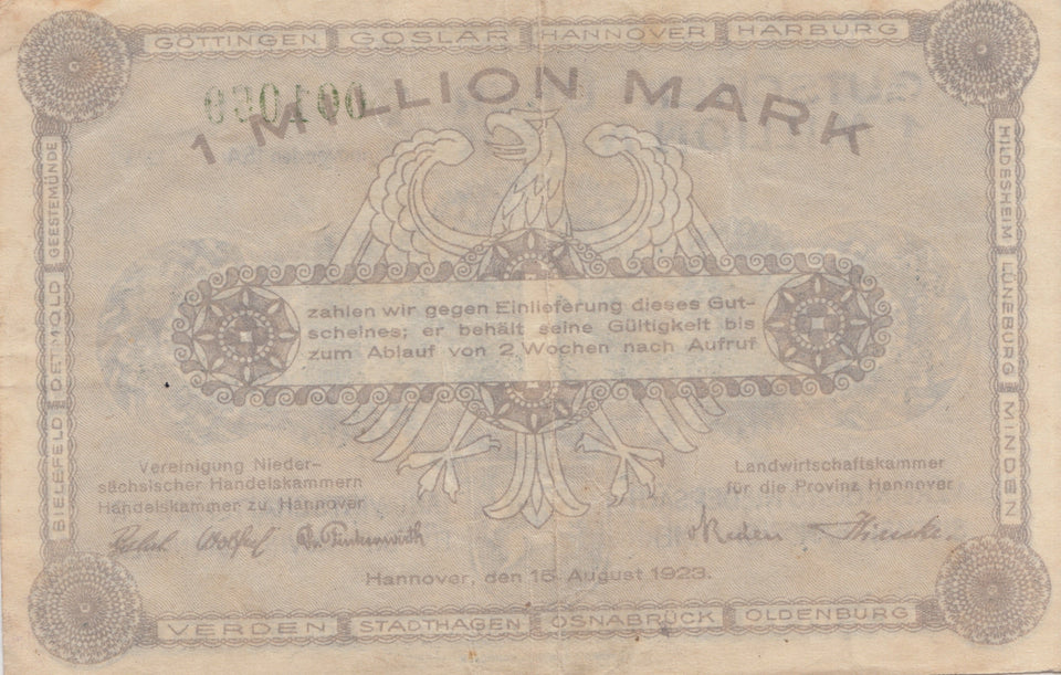 1923 1 MILLION REICHSMARK GERMAN BANKNOTE REF 223 - World Banknotes - Cambridgeshire Coins