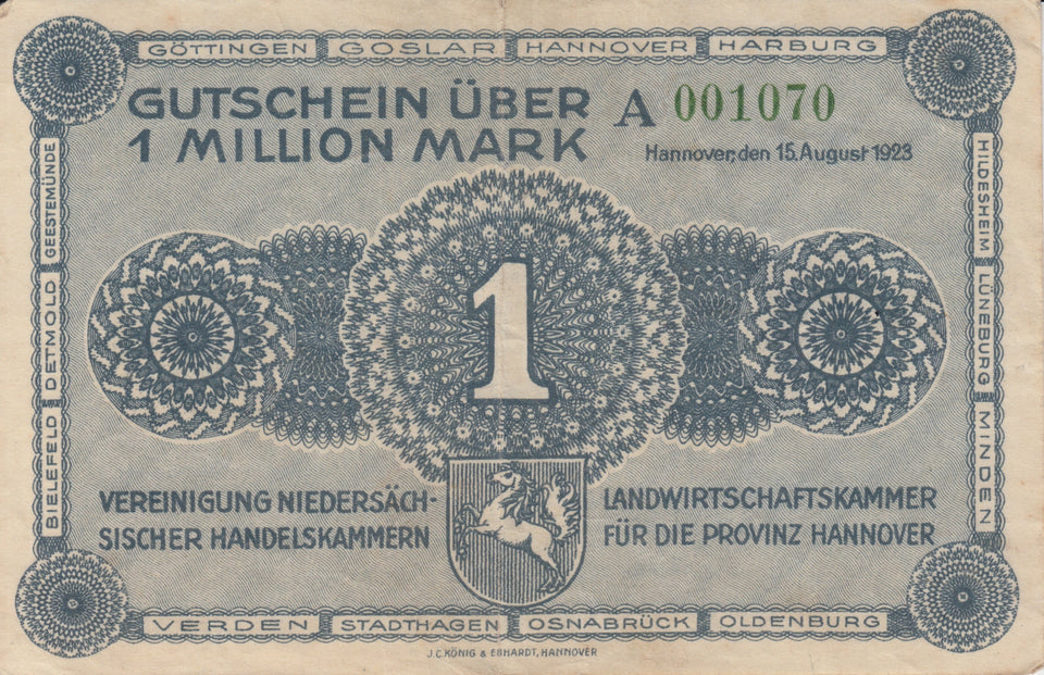 1923 1 MILLION REICHSMARK GERMAN BANKNOTE REF 223 - World Banknotes - Cambridgeshire Coins