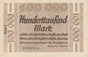 1923 100000 MARK GERMAN BANKNOTE CITY OF HERNE GERMANY REF 773 - World Banknotes - Cambridgeshire Coins