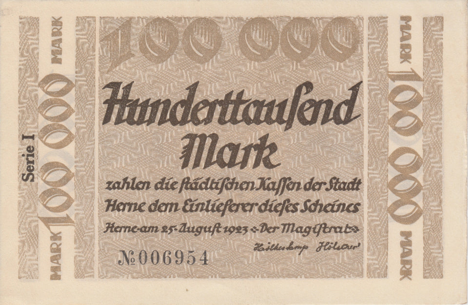 1923 100000 MARK GERMAN BANKNOTE CITY OF HERNE GERMANY REF 773 - World Banknotes - Cambridgeshire Coins