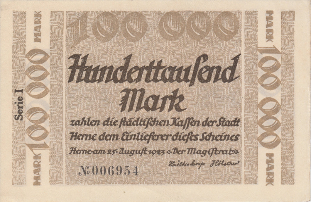 1923 100000 MARK GERMAN BANKNOTE CITY OF HERNE GERMANY REF 773 - World Banknotes - Cambridgeshire Coins