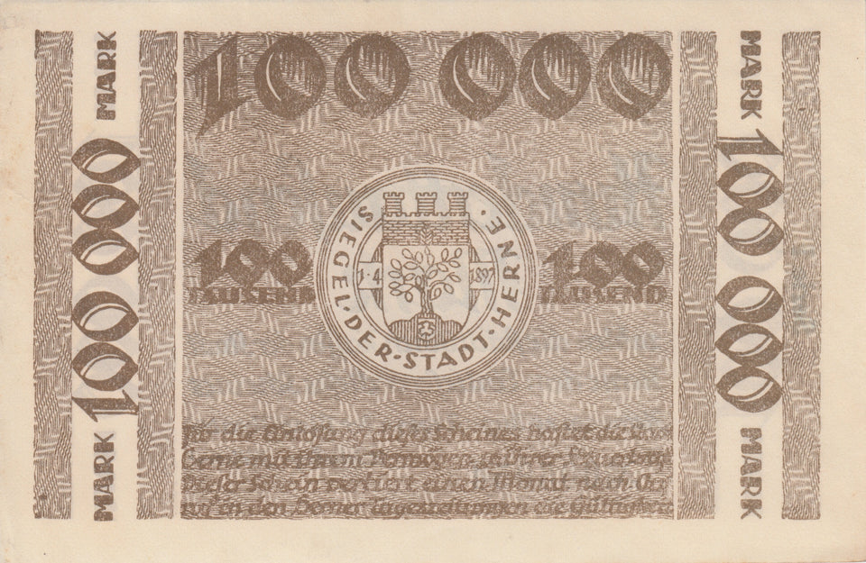 1923 100000 MARK GERMAN BANKNOTE CITY OF HERNE GERMANY REF 773 - World Banknotes - Cambridgeshire Coins