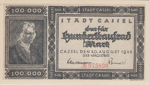 1923 100000 MARK GERMAN BANKNOTE TOWN OF CASSEL GERMANY REF 775 - World Banknotes - Cambridgeshire Coins