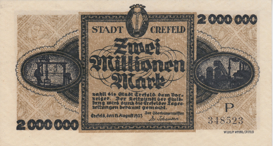 1923 2000000 MARK GERMAN BANKNOTE CREFFELD CITY GERMANY REF 778 - World Banknotes - Cambridgeshire Coins