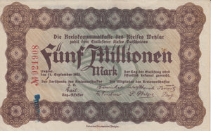1923 5 MILLION MARK GERMAN BANKNOTE CITY OF WETZLAR GERMANY REF 764 - World Banknotes - Cambridgeshire Coins