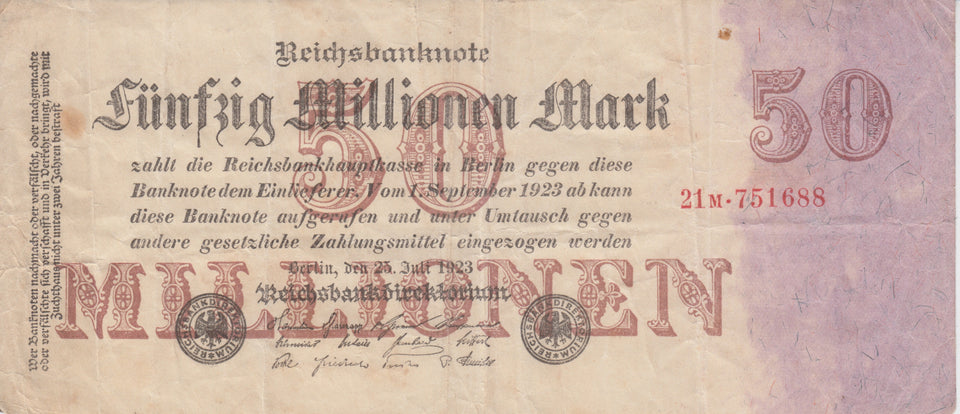 1923 50 MARK GERMAN INFLATION BANKNOTE GERMANY REF 763 - World Banknotes - Cambridgeshire Coins