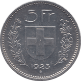 1923 SILVER 5 FRANCS SWITZERLAND - SILVER WORLD COINS - Cambridgeshire Coins