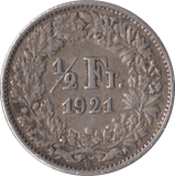 1927 SILVER SWISS 1/2 FRANC - SILVER WORLD COINS - Cambridgeshire Coins