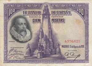 1928 CIEN PESETAS MADRID BANKNOTE REF 1363 - World Banknotes - Cambridgeshire Coins
