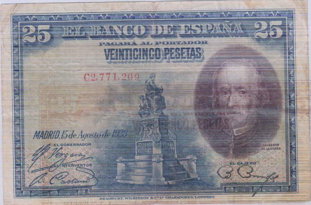 1928 EL BANCO DE ESPAŃA 25 PESETAS BANKNOTE REF 1450 - World Banknotes - Cambridgeshire Coins