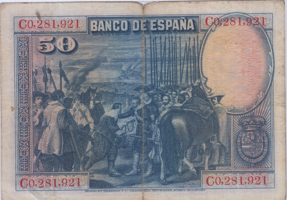 1928 EL BANCO DE ESPAŃA 50 PESETAS BANKNOTE REF 1451 - World Banknotes - Cambridgeshire Coins