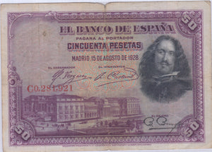 1928 EL BANCO DE ESPAŃA 50 PESETAS BANKNOTE REF 1451 - World Banknotes - Cambridgeshire Coins