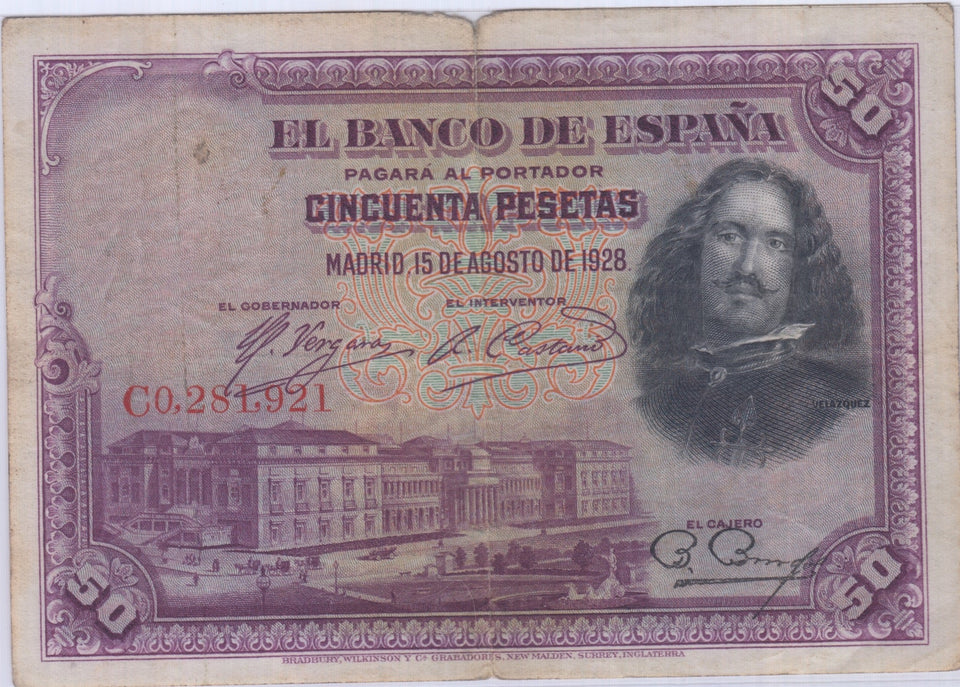 1928 EL BANCO DE ESPAŃA 50 PESETAS BANKNOTE REF 1451 - World Banknotes - Cambridgeshire Coins