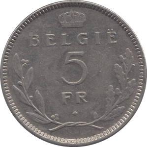 1930 SILVER 5 FRANCS BELGIUM - SILVER WORLD COINS - Cambridgeshire Coins