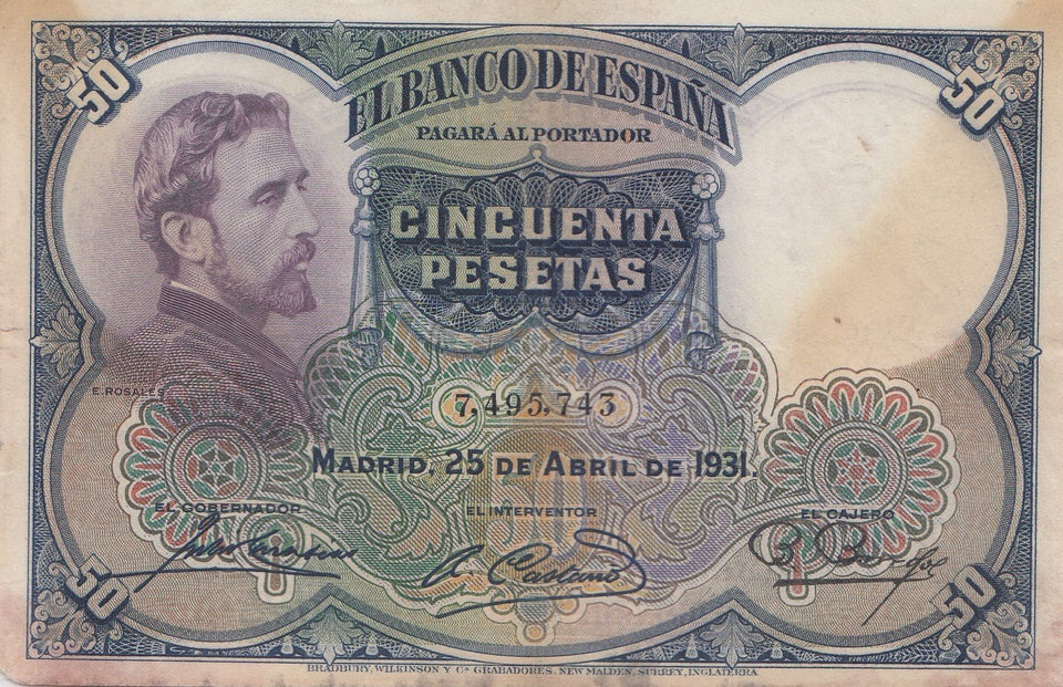 1931 50 PESETAS BANKNOTE SPAIN ( REF 287 ) - World Banknotes - Cambridgeshire Coins