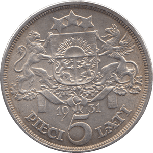 1931 SILVER 5 LATI LATVIA - SILVER WORLD COINS - Cambridgeshire Coins