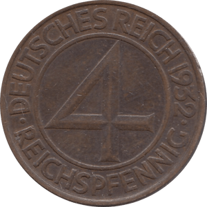 1932 4 PFENNIG GERMANY REF H16 - WORLD COINS - Cambridgeshire Coins