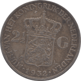 1932 SILVER TWO AND A HALF GUILDER NETHERLANDS - WORLD SILVER COINS - Cambridgeshire Coins