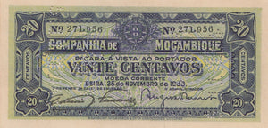 1933 20 CENTAVOS BANKNOTE MOZAMBIQUE ( REF 289 ) - World Banknotes - Cambridgeshire Coins