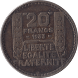 1933 SILVER 20 FRANCS FRANCE - SILVER WORLD COINS - Cambridgeshire Coins