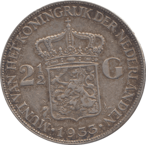 1933 SILVER NETHERLANDS 2 1/2 GUILDER - SILVER WORLD COINS - Cambridgeshire Coins