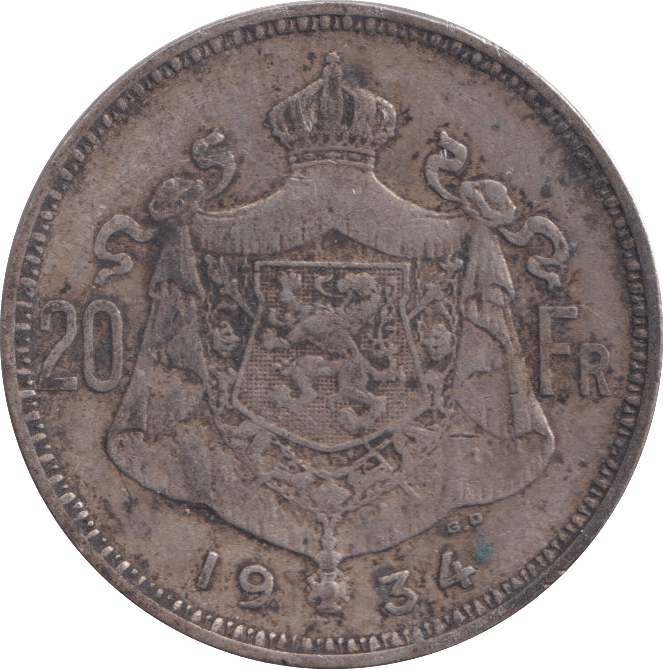 1934 20 FRANCS BELGIUM - WORLD COINS - Cambridgeshire Coins