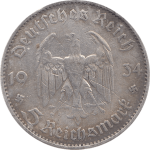 1934 GERMANY SILVER 5 MARKS - SILVER WORLD COINS - Cambridgeshire Coins