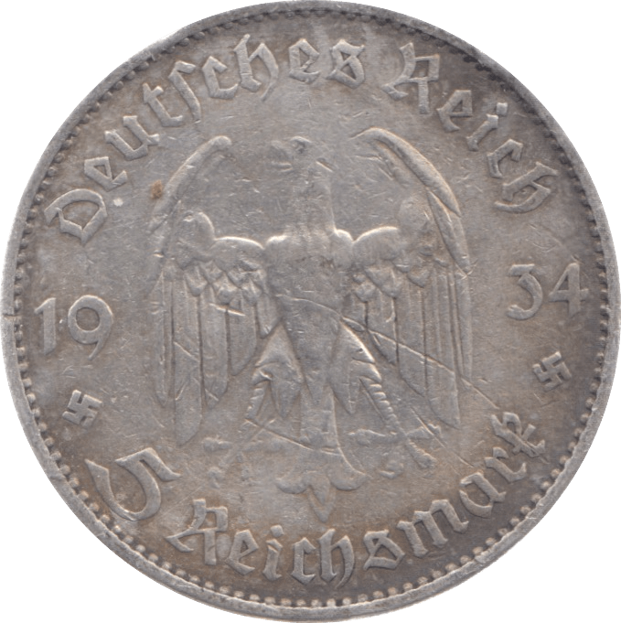 1934 GERMANY SILVER 5 MARKS - SILVER WORLD COINS - Cambridgeshire Coins